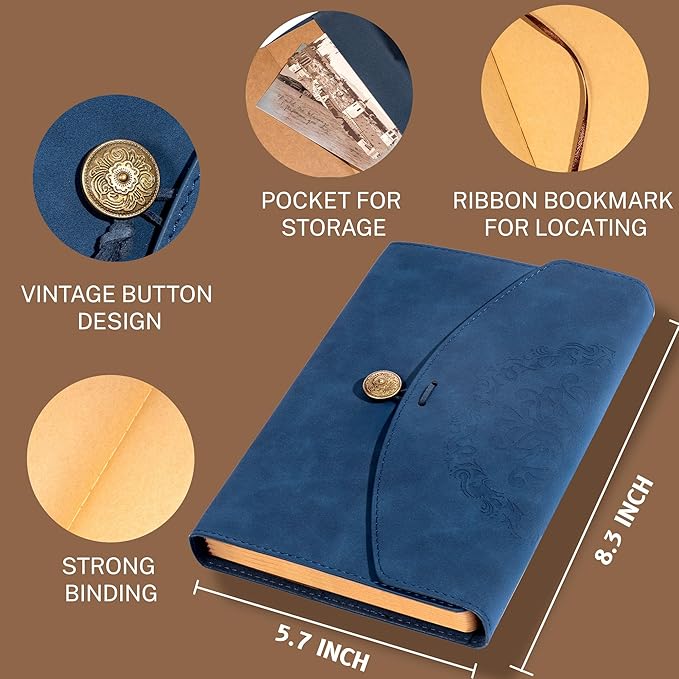 Vintage Leather Journal for Women Men, Junk Journal Notebook Soft Cover, Book of Shadows Journals for Travel Diary Scrapbook Sketchbook Journaling Writing, Blue-DeskLoop Office