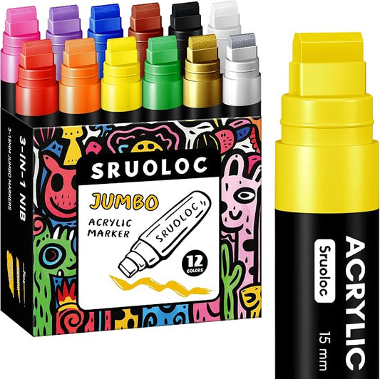 SRUOLOC 12 Colors Jumbo Markers, 15mm Jumbo Felt Tip, Acrylic Paint Markers by Sruoloc