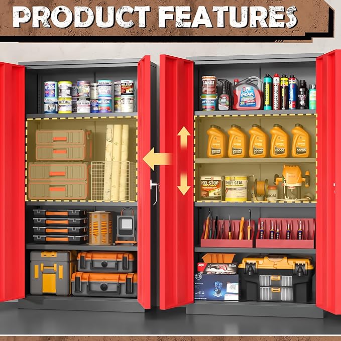 INTERGREAT Metal Lockable Storage Cabinet, 72” H Storage Cabinet with 2 Doors and 4 Adjustable Shelves for Office, Home, Garage, Pantry (Assembly Required, 18”D, Black Red)-DeskLoop Office