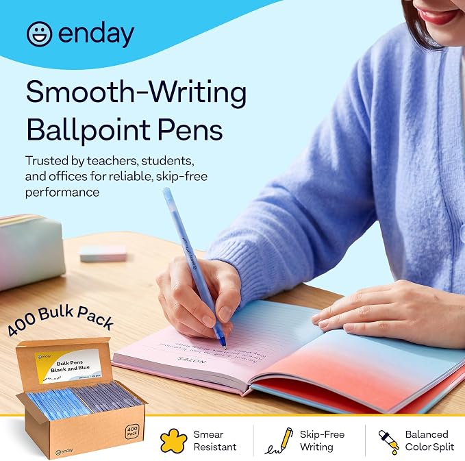 Enday Ballpoint Pens Bulk Blue and Black Pens 200 Black & 200 Blue - Image 2