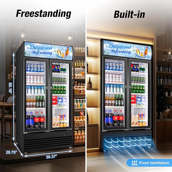 Commercial Beverage Refrigerator, 40 Inch 35 Cu.Ft. Commercial Drink Fridge, Display Refrigerator with Double Glass Door, Commercial Display Fridge with 8 Adjustable Shelves, for Shop,Restaurant,Bar-DeskLoop Office