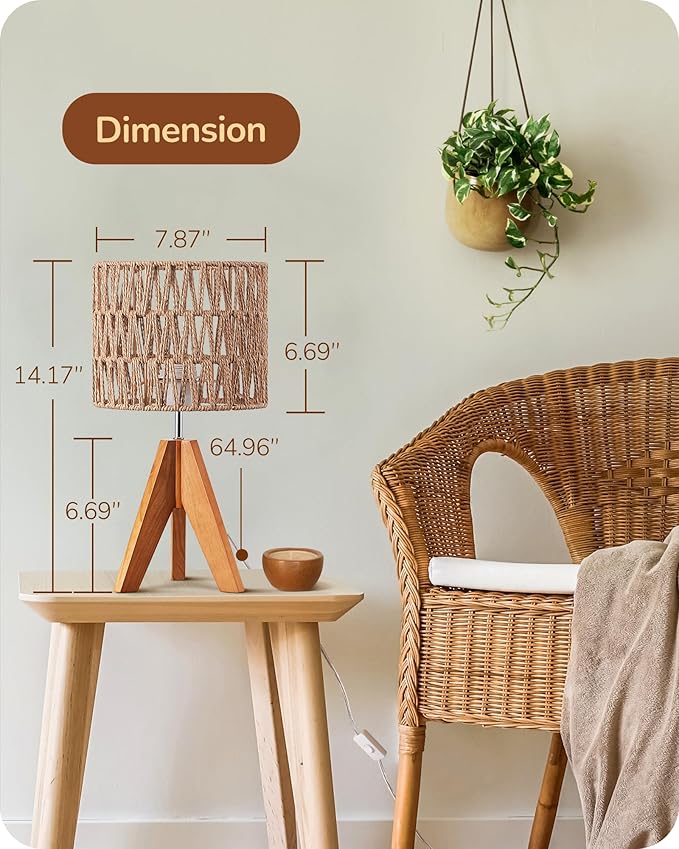 EDISHINE Small Table Lamp, Rattan Wood Tripod Bedside Lamp, Boho Nightstand Lamp - Image 5