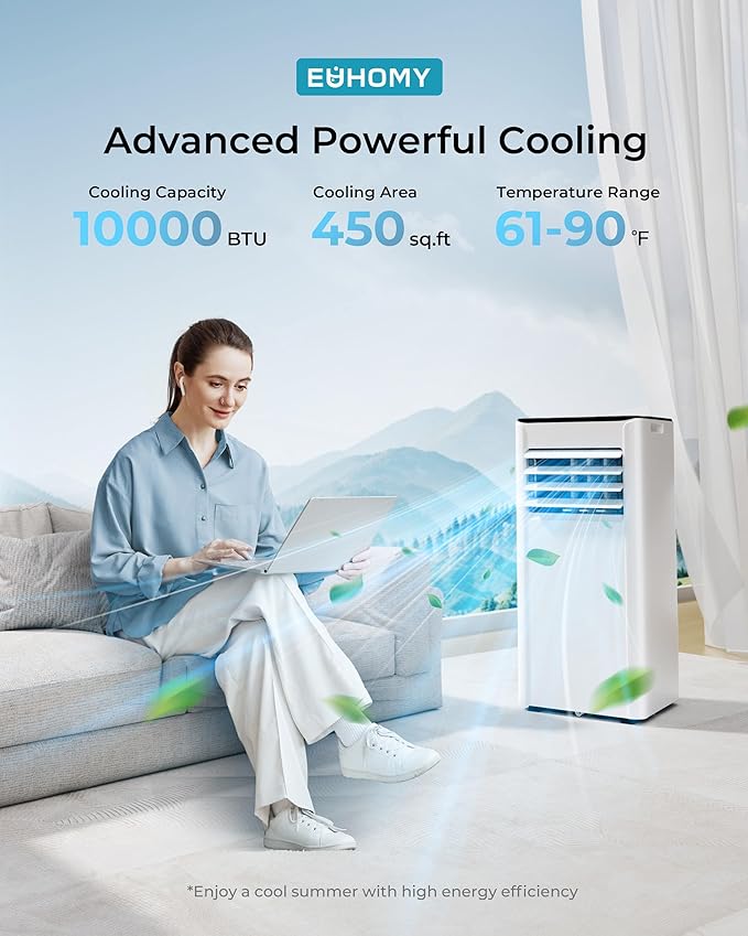 EUHOMY 10,000 BTU Portable Air Conditioners Up to 450 sq.ft, 3-1 Standing Smart Cooling AC with Remote, Dehumidifier, Fan, Air Conditioner Cools Room, 3 Modes, 24-hour timer, LED Display, Bedroom-DeskLoop Office