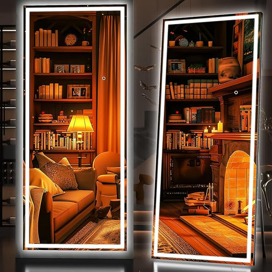 Hasipu Full Length Mirror with Lights, 75" x 28" LED Lighted Floor Standing, Full Body Dressing Hanging Mounted Mirror, Dimmable, Tempered Glass, Safe to Use, Square Black-DeskLoop Office
