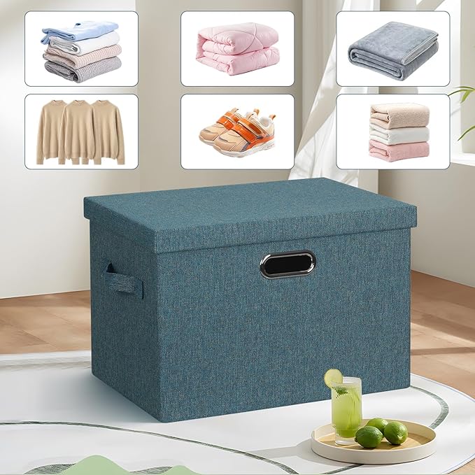 Large 17" 36 Quart Collapsible Stackable Storage Bins with Lids, 3 Packs Blue-Green Linen Fabric Closet Boxes with Lids, Storage Cube Baskets Container Organizers for Bedroom (17x12x11)-DeskLoop Office