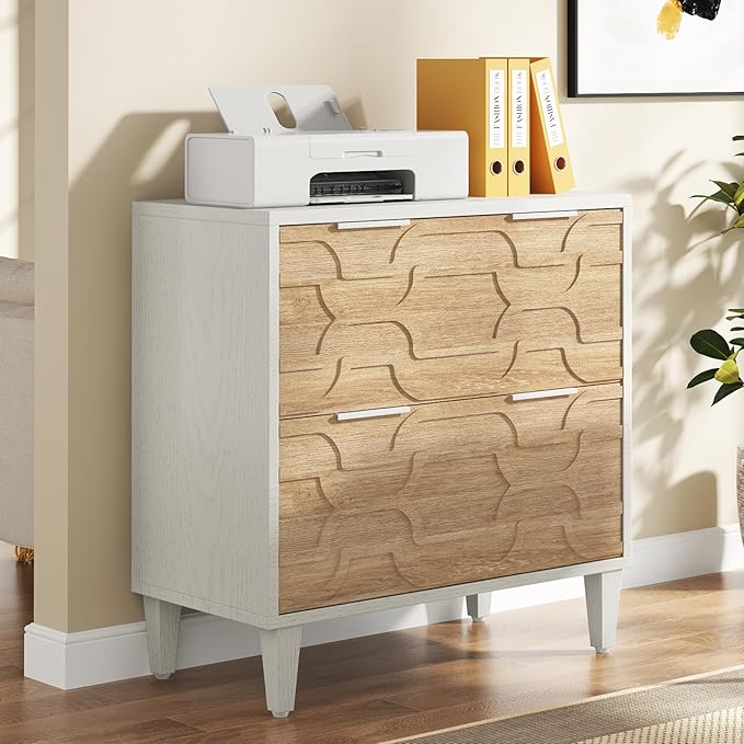 LITTLE TREE 2-Drawer File Cabinet, Lateral Filing Cabinet for A4/Letter/Legal Size, Office Storage Cabinet, Printer Stand with Storage Drawer for Home Office, Wood & White-DeskLoop Office