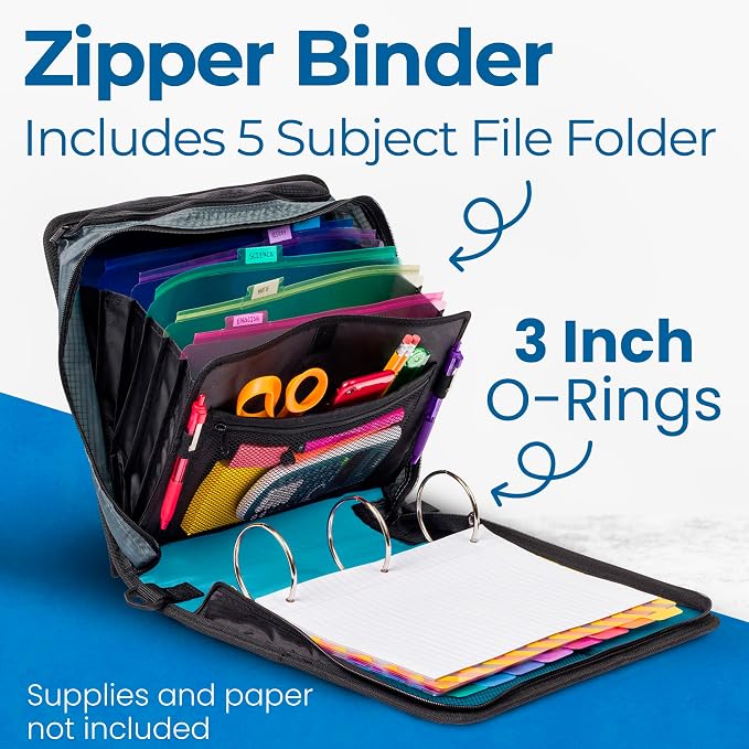 Case-it Mighty Zip Tab School Zipper Binder | 3-Inch O-Rings, 600-Sheet Capacity - Image 2