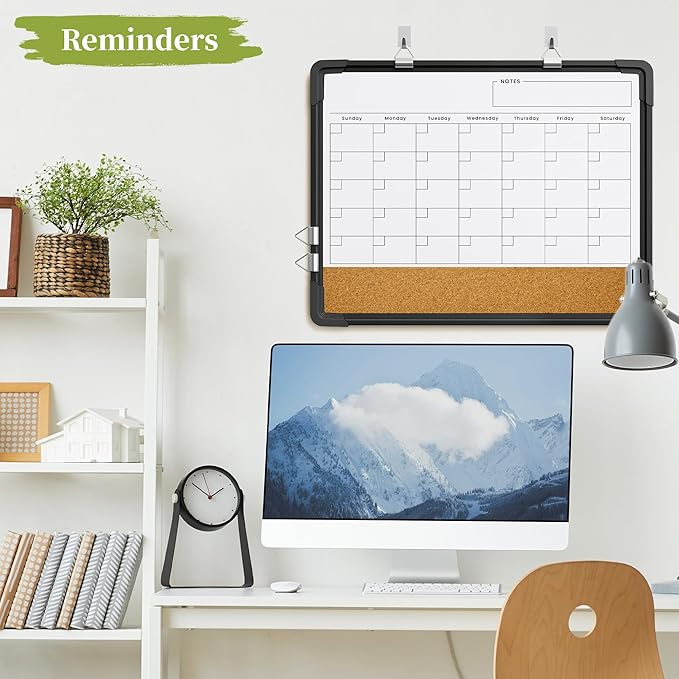 Dry Erase Calendar White Board for Wall, Polegas 17" X 13" Magnetic Whiteboard Dry Erase Cork Board Combination, Small Wall Monthly Double Sided Boards Student, Home, Office (Black)-DeskLoop Office
