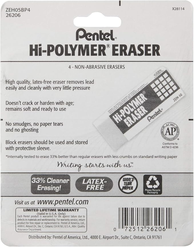 Pentel Hi-Polymer Block Eraser, Small | White | Pack of 8 | ZEH05BP4 - Image 3
