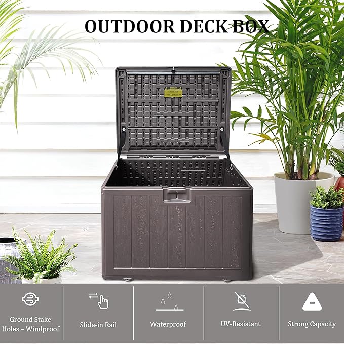 33 Gallon Pro Outdoor Storage Box Waterproof Lockable Resin Deck Box Large, Patio Storage Bin for Pool Accessories Cushion Furniture, Garden Tools, UV-Resistant Outside Delivery Brown-DeskLoop Office