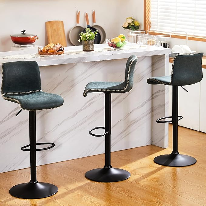 HeuGah Bar Stools Set of 4, Swivel Counter Height Barstools with Back, Adjustable Height 24" to 32", Faux Leather Bar Chairs for Kitchen Island (Deep Teal, Set of 4 (24'' to 32''))-DeskLoop Office