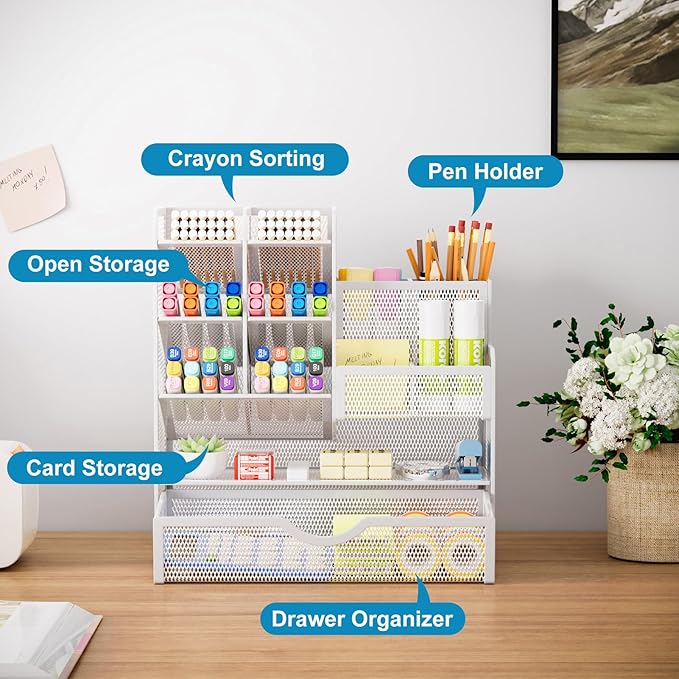 Marbrasse Mesh Pen Holder for Desk, Multi-Functional Pencil Organizer with Drawer, Desk Organizers and Accessories for Office Art Supplies (White)-DeskLoop Office