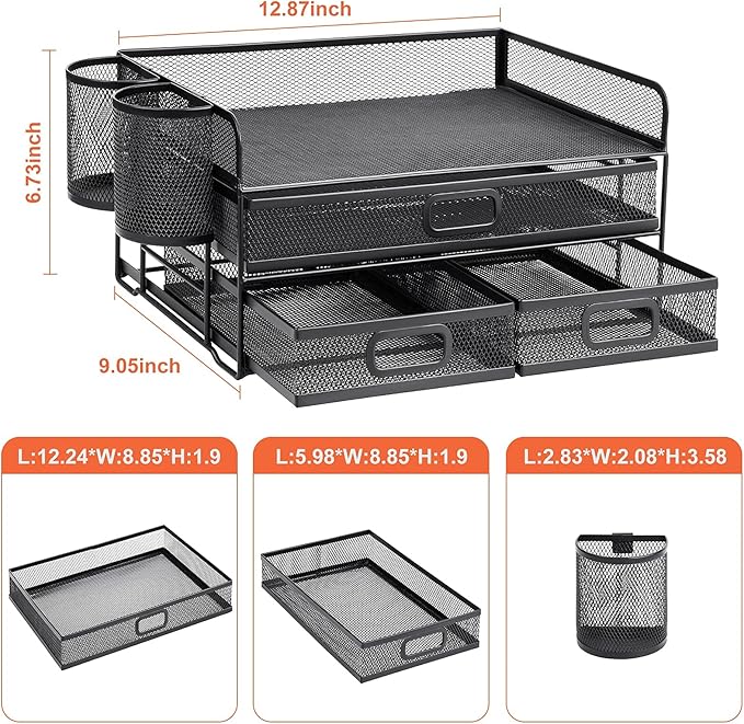 Marbrasse 3 Tier Mesh Desk Organizer with Drawer, Multi-Functional Desk Organizers and Accessories, Paper Letter Organizer with 2 Pen Holder for Home Office Supplies (Black)-DeskLoop Office