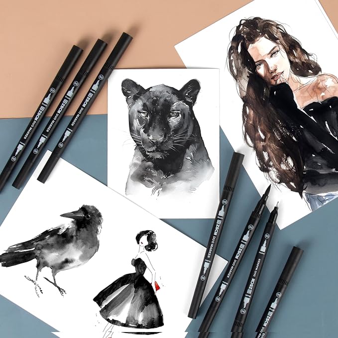 ZSCM Black Duo Tip Marker Pens, 12 Pack Fine & Brush Markers - Image 5