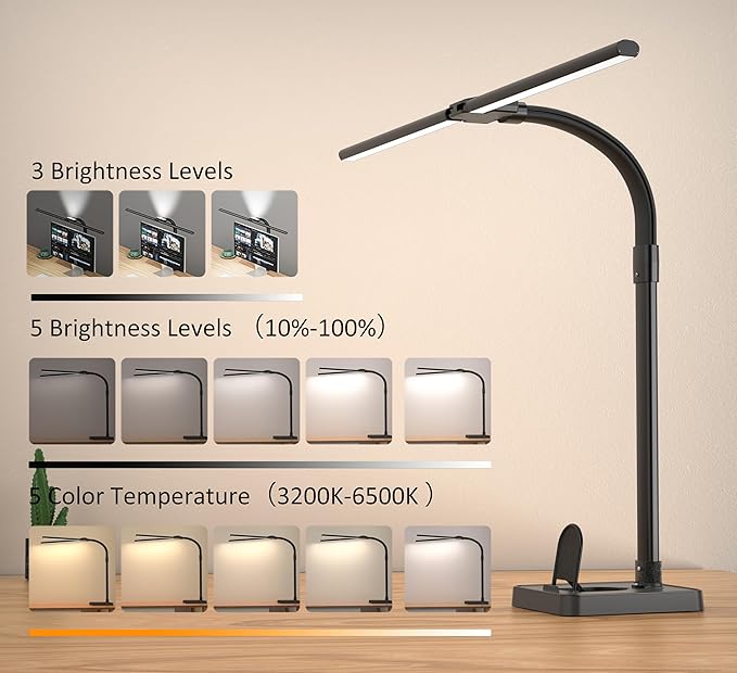 Double Head LED Desk Lamp, Architect Desk Lamps for Home Office, 24W Brightest Workbench Office Lighting-5 Color Modes and 5 Dimmable Eye Protection Modern Desk Lamp (Black-Desktop, Big)-DeskLoop Office