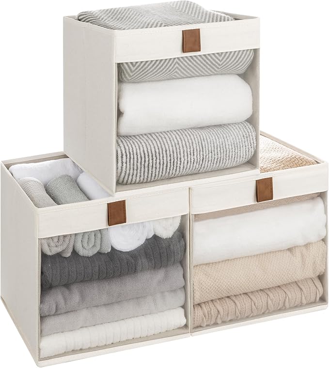 StorageWorks 11x11 Storage Cubes, Closet Storage Bins with Clear Window, Fabric Organizer for Clothes, Collapsible Storage Baskets with PU Handles, Beige, 3-Pack-DeskLoop Office