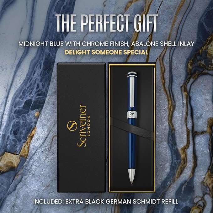 Scriveiner Midnight Blue Ballpoint Pen - Stunning Blue Lacquer Luxury Pen, Chrome Finish, Schmidt Black Refill, Best Ball Pen Gift Set for Men & Women, Professional Executive Office, Nice Designer Pen-DeskLoop Office