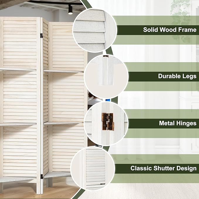 NicBex 4 Panel Room Divider,5.6FT Wood Carved Room Dividers with Display Shelves Folding Privacy Screens Portable Freestanding Partition Wall Dividers for Room Separation,Home Bedroom Office,White-DeskLoop Office