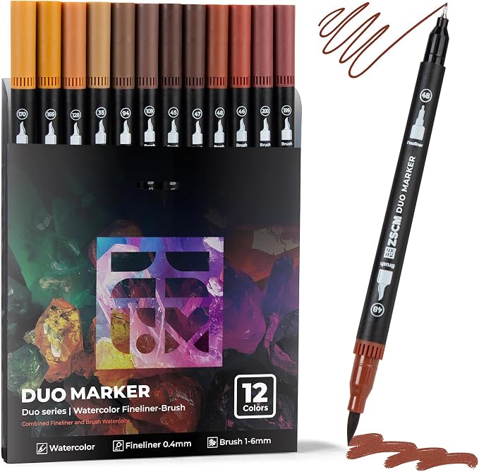 ZSCM Brown Duo Tip Marker Pens, 12 Pack Fine & Brush Markers by ZSCM