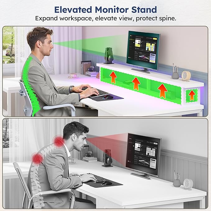 L Shaped Computer Desk with Drawers, Gaming Desk with LED Lights & Monitor Shelf, Office Desks with Power Outlets, Corner Desks for Home Office, Study Room and Bedroom, White-DeskLoop Office