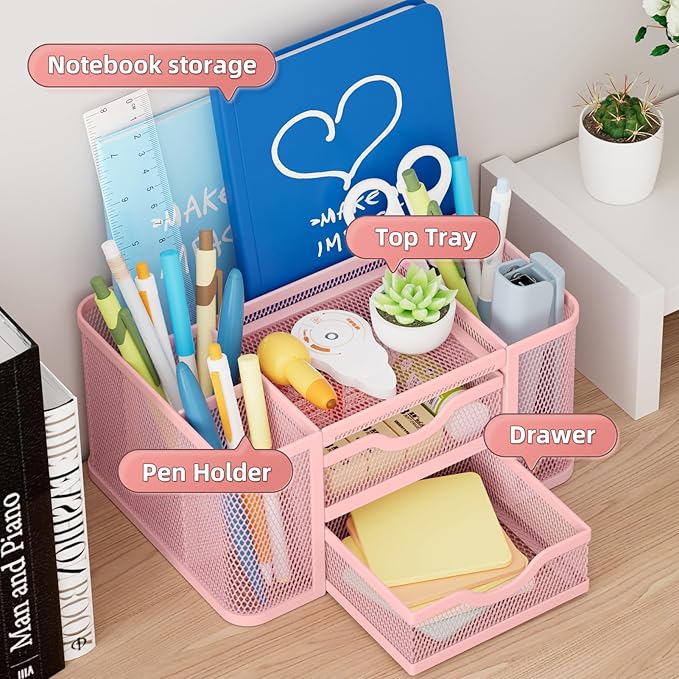 Marbrasse Mesh Desk Organizer, Pen Organizer with 2 Drawer, Multi-Functional Pencil Holder, Desk Organizers and Accessories with 5 Compartments + Drawer for Office Art Supplies (Pink)-DeskLoop Office