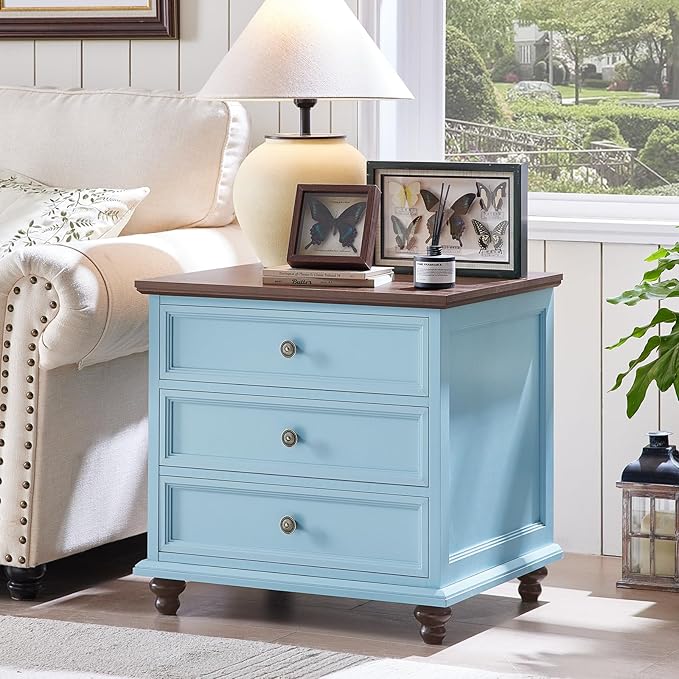 24" Wide Farmhouse Night Stand Set of 2,Large End Table with 3 Drawers & Metal Handle,Light Blue Wood Dresser for Bedroom Cabinet, Bed Side Table Chest of Drawers ,Nightstand for Living Room,Closet-DeskLoop Office