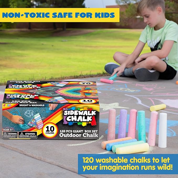 JOYIN 120 PCS Sidewalk Chalks for Kids Giant Box Non-toxic Jumbo Colored Washable Sidewalk Chalk for Toddlers in 10 Colors-DeskLoop Office