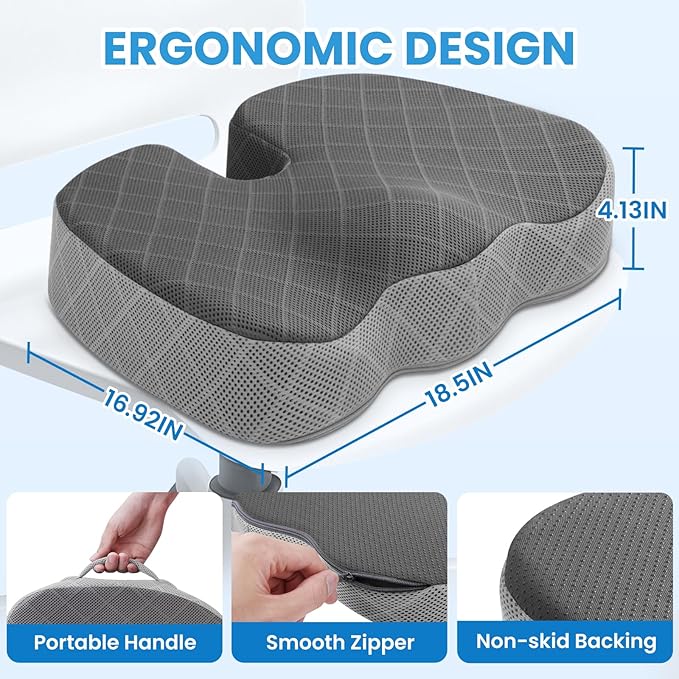 TushGuard Office/Car Seat Cushion, Non-Slip Sciatica & Back Coccyx Tailbone Pain Relief Chair Pad, Memory Foam Butt Pillow for Computer Desk, Wheelchair, Driving (Black&Grey, XX-Large)-DeskLoop Office