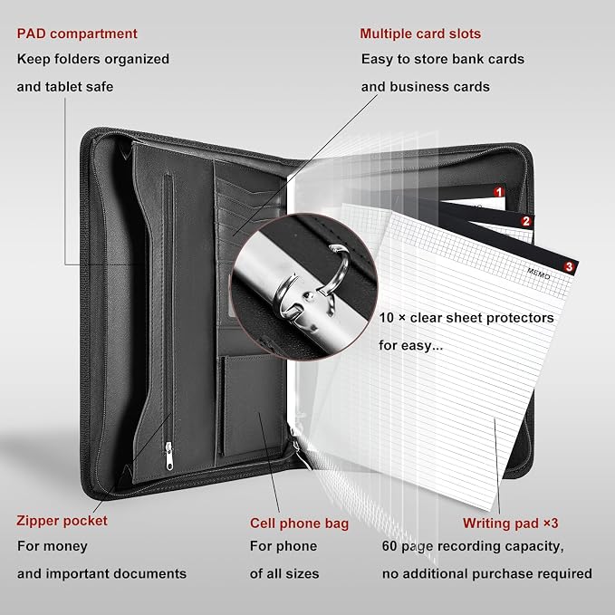 Leathario Portfolio Binder, Includes 10 Sheet Protectors and 3 Notepads - Image 4