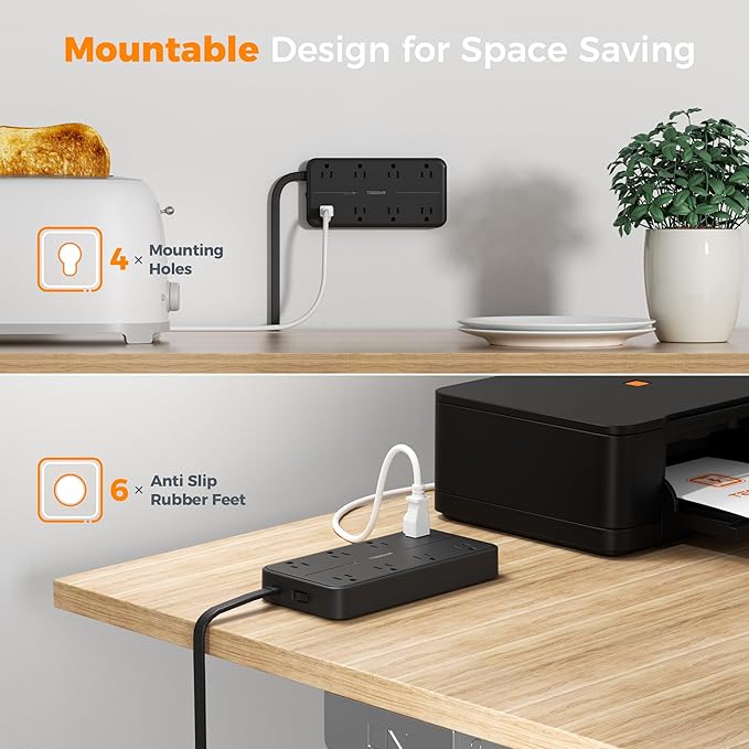 2000J Surge Protector Power Strip, TESSAN 5 FT Extension Cord with Multiple Outlets Flat Plug, 3 USB (1 USB C) and 8 AC Outlets, Wall Mount USB Charging Station for Home Office Supplies, Black-DeskLoop Office