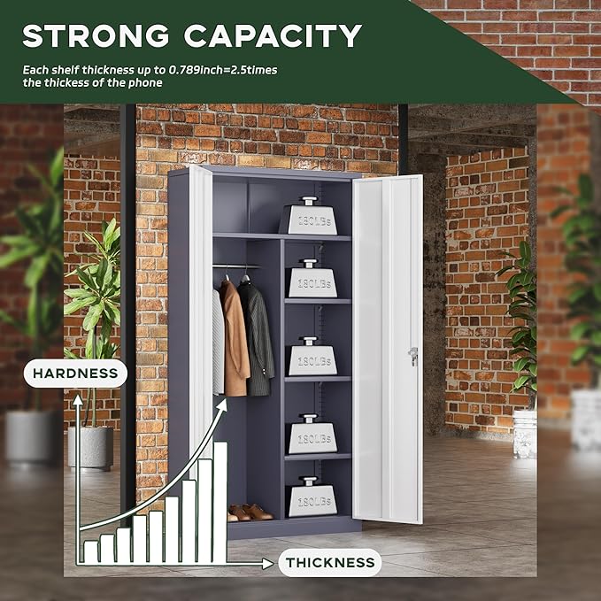 Greenvelly Metal Wardrobe Cabinet with Lock Door, 72" Metal Wardrobe Closet Cabinet with Hanging Rods and Adjustable Shelves, Steel Storage Locker Closet for Home, Office, Employee, Gym (White Grey)-DeskLoop Office