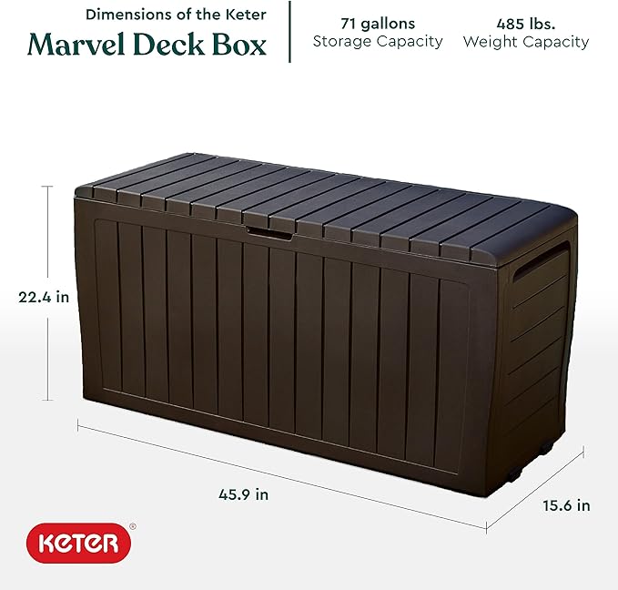 Keter Marvel Plus 71 Gallon Resin Outdoor Storage Box for Patio Furniture Cushions, Throw Pillows, Garden Tools and Pool Floats, Brown-DeskLoop Office