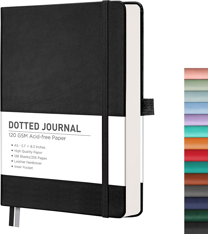 RETTACY Bullet Dotted Journal Notebook, 256 Pages, A5 Medium Size (5.7'' × 8.3''), Leather Hardcover, 120 GSM Thick Paper, for Bullet Journaling, Planning, Tracking (Black)-DeskLoop Office