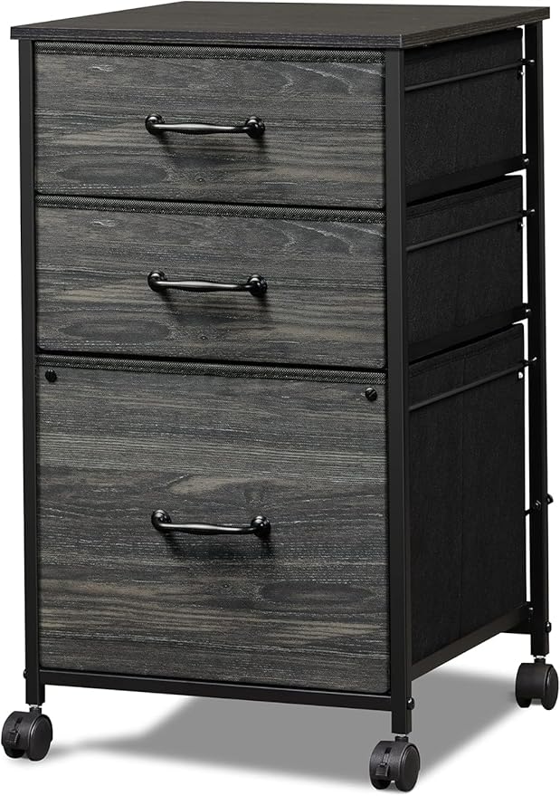 DEVAISE Mobile File Cabinet, Rolling Printer Stand with 3 Drawers, Fabric Vertical Filing Cabinet fits A4 or Letter Size for Home Office, Charcoal Black Wood Grain Print-DeskLoop Office