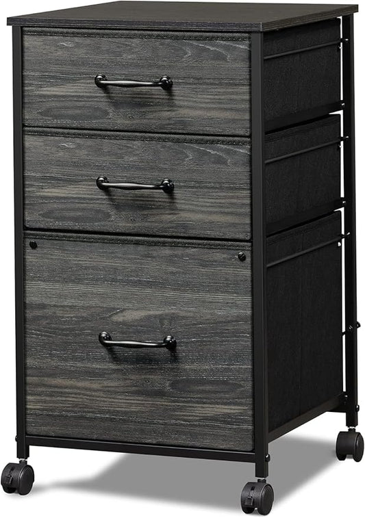 DEVAISE Mobile File Cabinet, Rolling Printer Stand with 3 Drawers, Fabric Vertical Filing Cabinet fits A4 or Letter Size for Home Office, Charcoal Black Wood Grain Print-DeskLoop Office