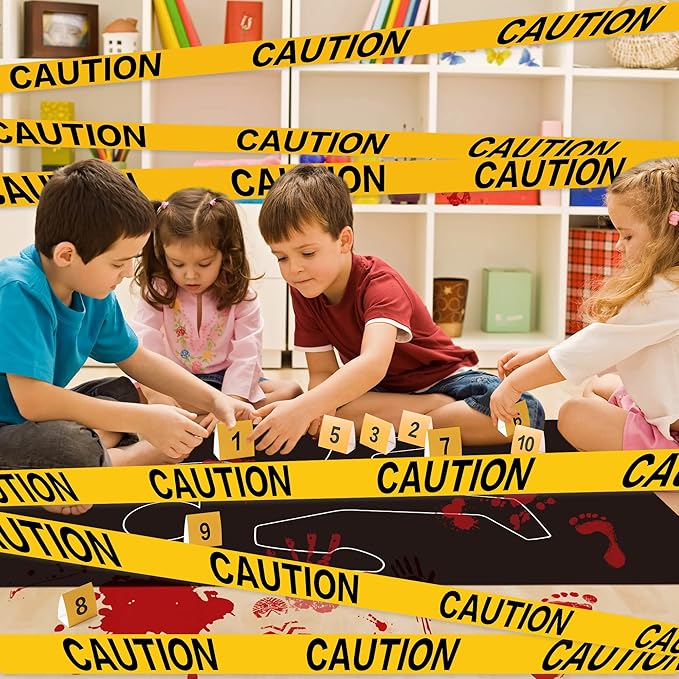 TICIAGA 29pcs Crime Scene Decors Kits, Body Silhouette Crime Scene Tape Evidence Markers and Bloody Sticker and Photo-Booth Props with Height Chart Backdrop Poster, Home for Crime Scene Party Decors