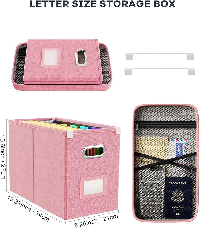 Oterri File Organizer With Lid, Hanging Filing Box With Mesh Pocket, Document Organizer for Letter Files, Portable Storage With Smooth Sliding Rail for Office & Home (2 PCS, Pink)-DeskLoop Office