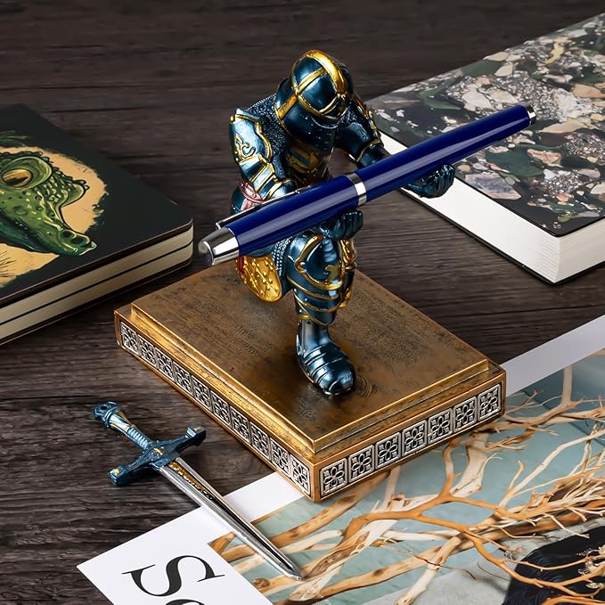 MACLARONX Kneeling Knight Pen Holder with Sword Medieval Warrior Fancy Pencil Stand for Office Desk Home Decor for Men Father Husband Armor Soldier Statue-DeskLoop Office