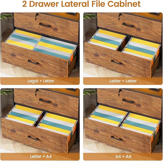 SEDETA 59" File Cabinet, 2 Drawers Filing Cabinets for Home Office fit Legal/Letter/A4 File, File Cabinet with Lock & Power Outlets, Printer Stand with Storage & LED Lights, Rustic Brown-DeskLoop Office