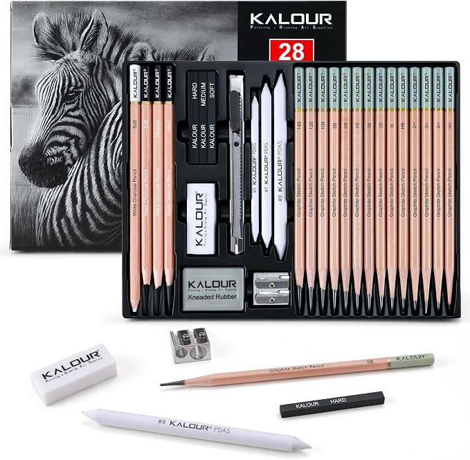 KALOUR 28 Pro Sketching Drawing Pencils Set – 14 Graphite Pencils, Charcoal by KALOUR