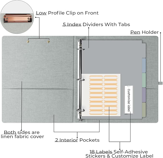 EYROZILL 3 Ring Binder, 1 Inch Linen Binder Organizer - Image 2