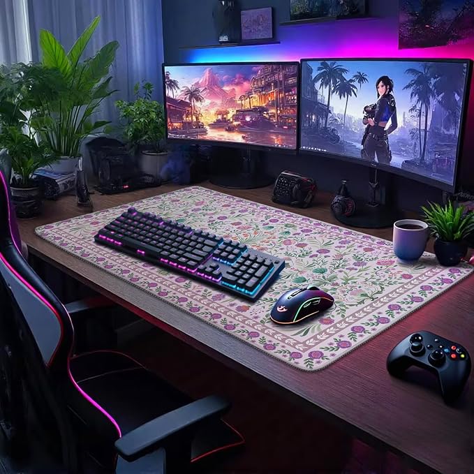 Purple Floral Desk Mat, 31.5"x15.7" Large Mouse Pad, Anti-Slip Rubber Base - Image 6