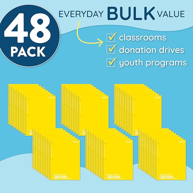 Blue Summit Yellow Spiral Notebooks Bulk, One Subject Spiral Notebook College Ruled, Perforated Notebook, 8 x 10.5 for Work and School, Paper, College Ruled, Bulk 48 Pack-DeskLoop Office