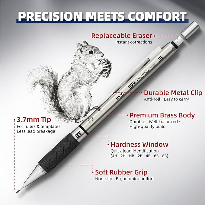 WUO 0.5mm Mechanical Pencil Set in Storage Case, 1 Eraser Pen, 12 Eraser Refills - Image 3