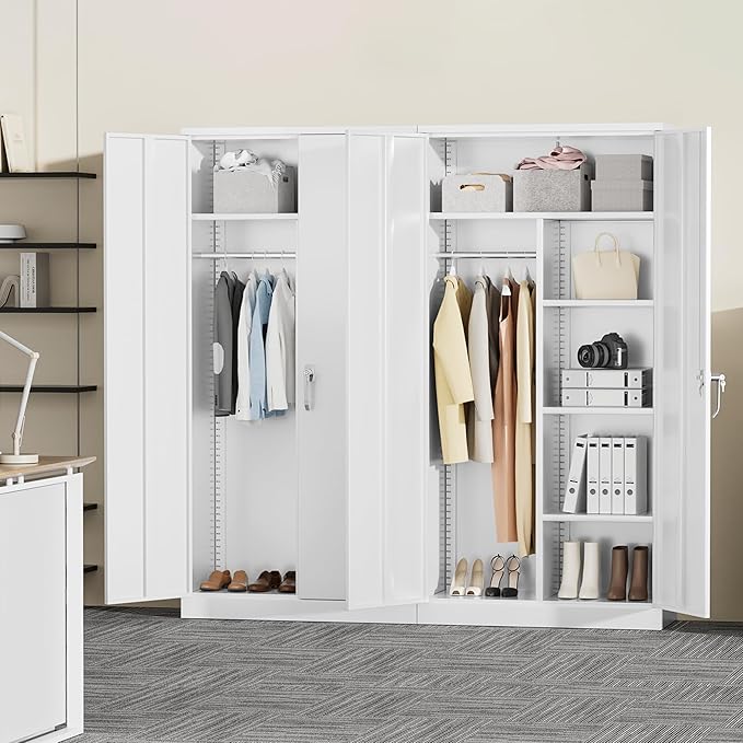 Greenvelly Metal Storage Cabinet with 2 Doors, White 72” Steel Storage Wardrobe Cabinet, Employees Locker Closet Clothing Coat Steel Wardrobe Cabinet with Hanging Rod for Garage, Gym, Home Office-DeskLoop Office