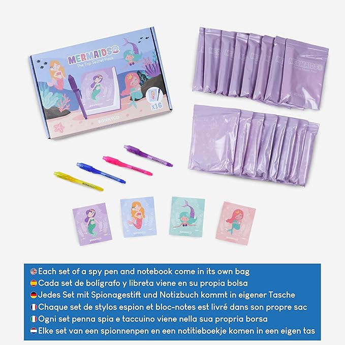 BONNYCO Invisible Ink Pen and Notebook Pack 16 Mermaid Party Favors for Kids, Magic Spy Pen Goodie Bags Stuffers for Kids, Mermaid Party Supplies, Goody Bag Stuffers | Return Gifts Birthday Prizes-DeskLoop Office