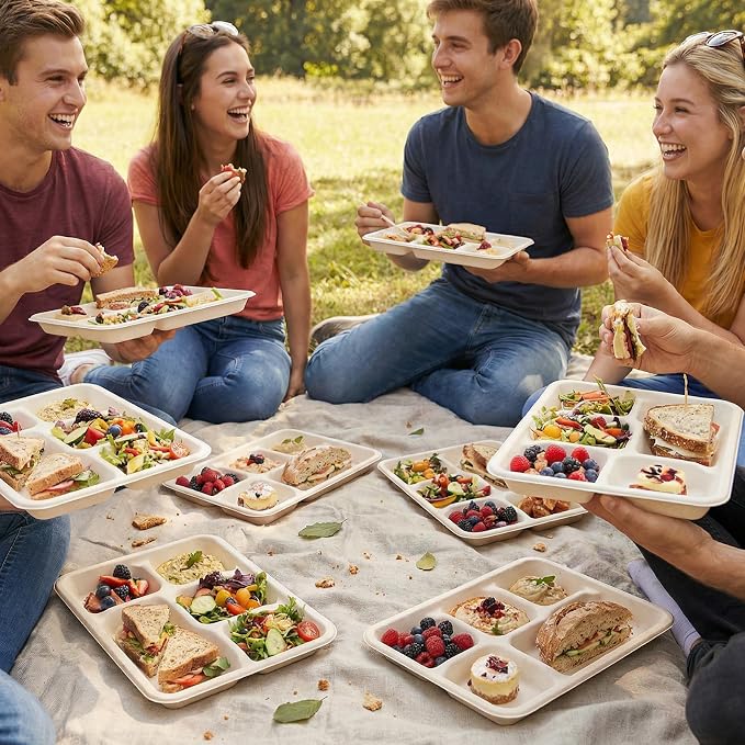 Tinybee 100% Compostable 5 Compartment Paper Plates 12.5 * 8.6 Inch Heavy Duty - Image 9