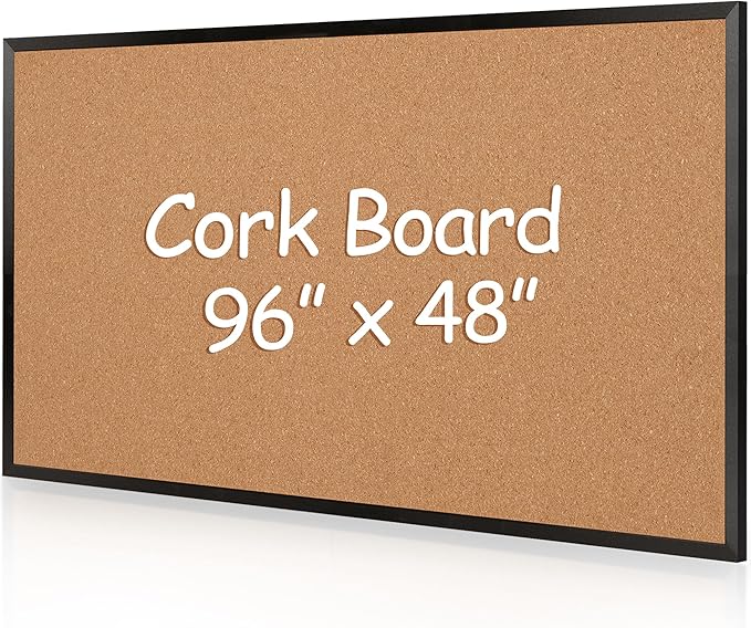 Board2by Extra Large Cork Bulletin Board 96" X 48", Black Wood Framed 8'x4' Corkboard for Wall, Wall Mounted Notice Pin Board with 18 Push Pins for School, Home & Office-DeskLoop Office