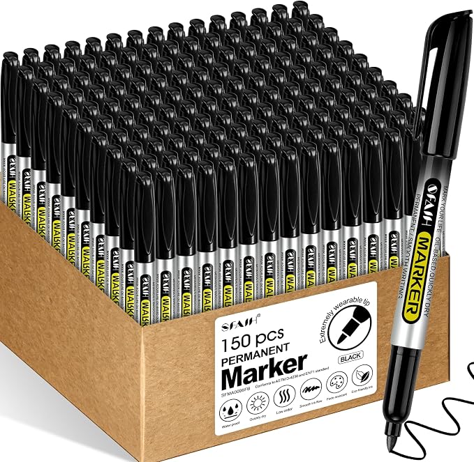 SFAIH 150 Black Permanent Markers Bulk -1s Quick Drying, Fine Point Markers by SFAIH