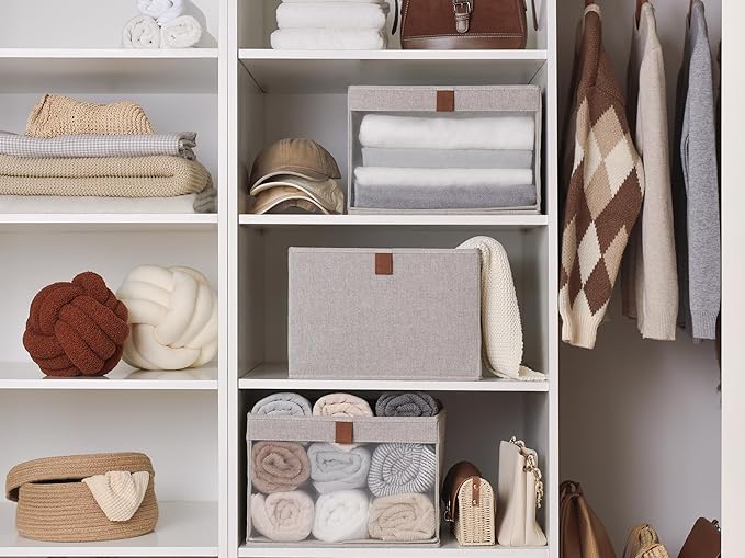 StorageWorks Closet Storage Bins, Extra Large Storage Baskets with Clear Window and Handles, Foldable Fabric Organizer for Clothes, Shelves, Brown and Beige, 3 Pack-DeskLoop Office